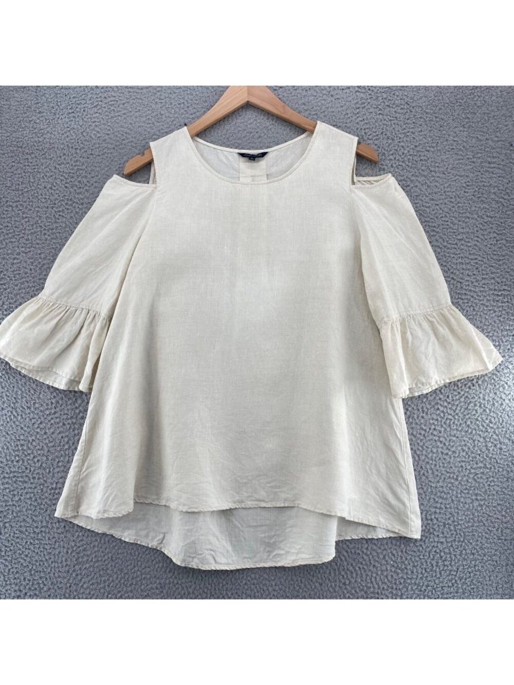 John Mark Top Womens Large Ivory Linen Blouse Cold Shoulder 3/4 Bell Sleeves*